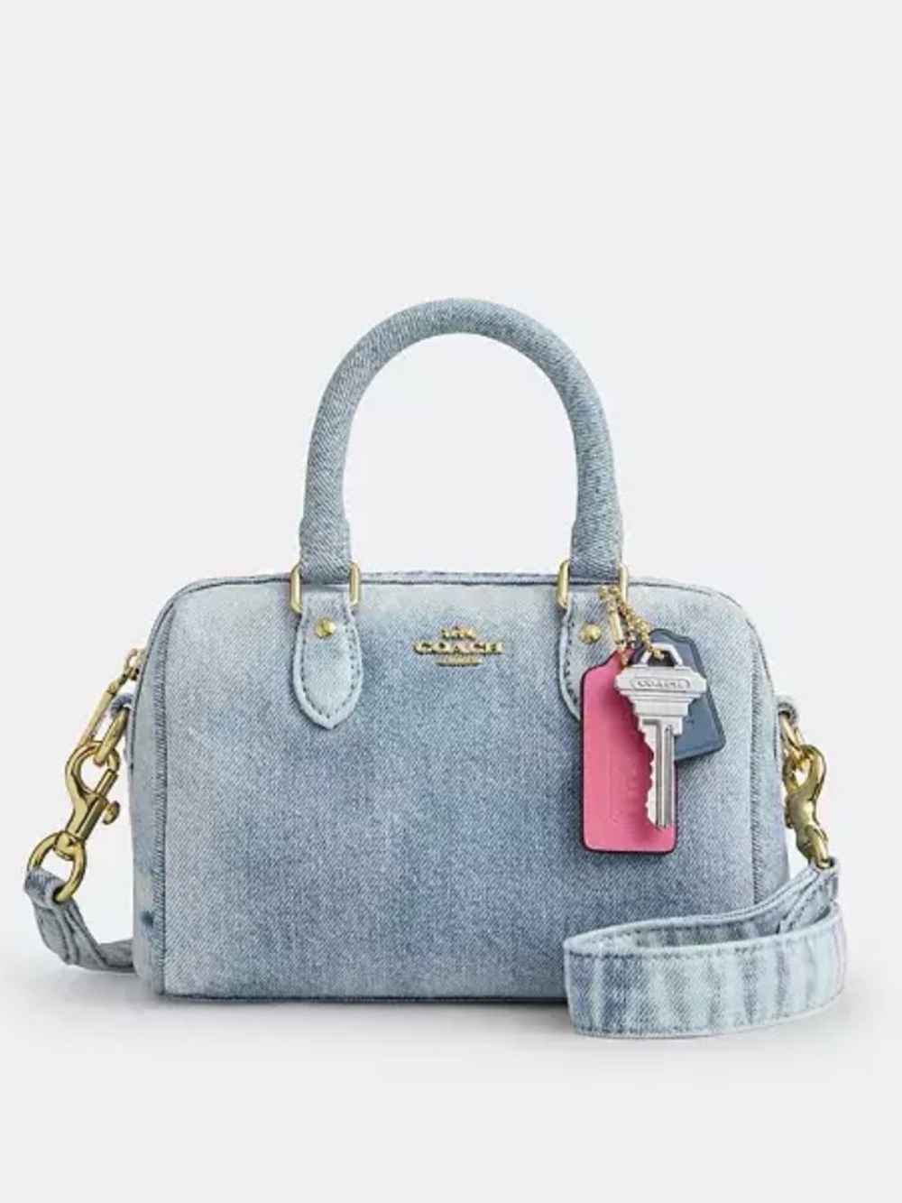 Authentic Coach Loved Denim Mini Rowan Crossbody Bag In Loved Denim w/charms - Picture 1 of 7